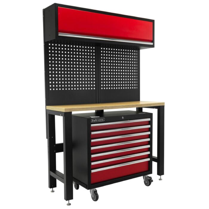 Kraftmeister Standard workbench with wall cabinet and roller cabinet plywood 136 cm red