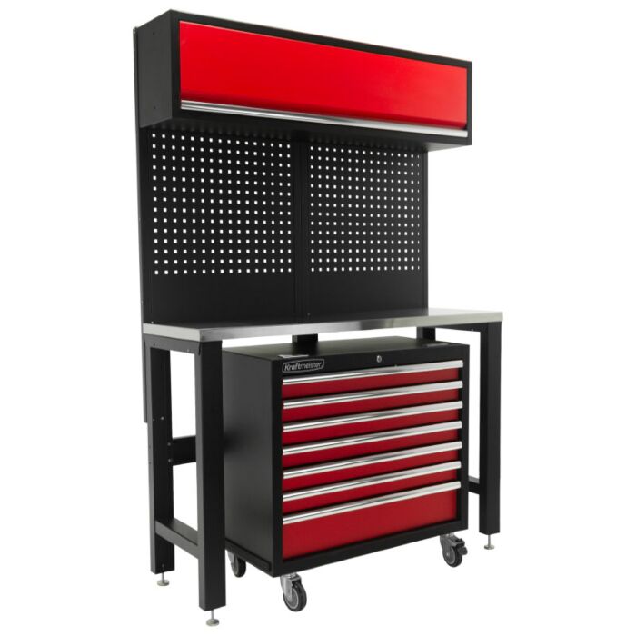 Kraftmeister Standard workbench with wall cabinet and roller cabinet stainless steel 136 cm red