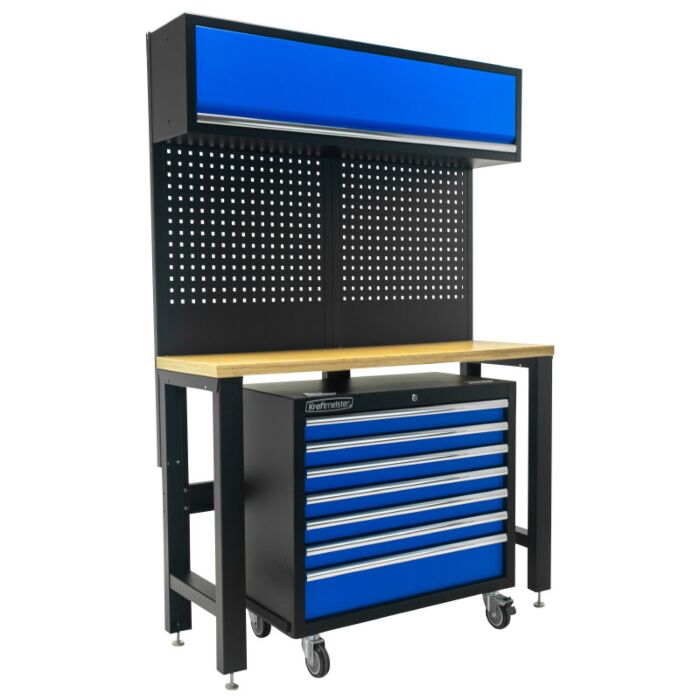 Kraftmeister Standard workbench with wall cabinet and roller cabinet plywood 136 cm blue