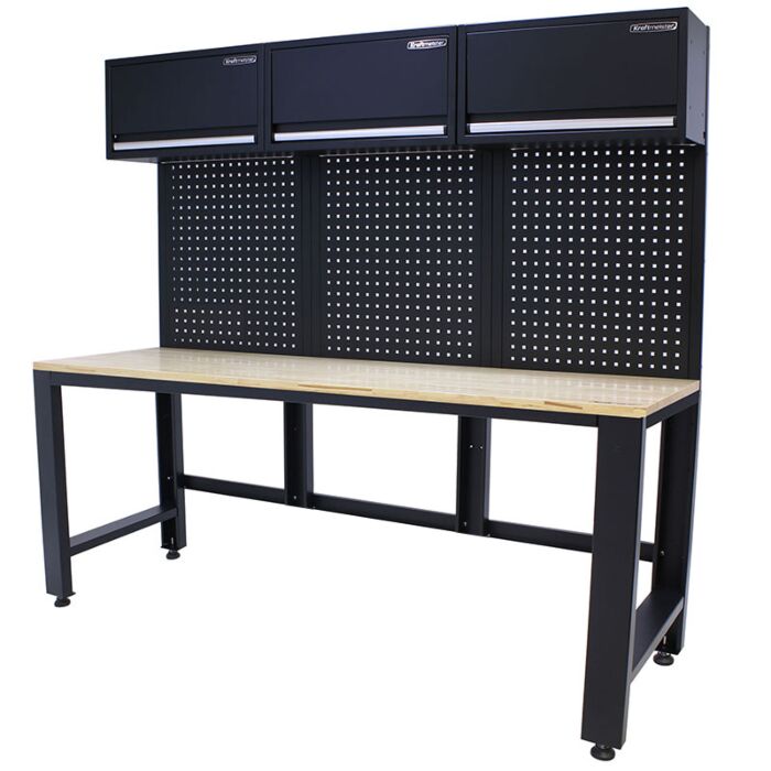 Kraftmeister Pro worktable with 3 wall cabinets oak 204 cm black