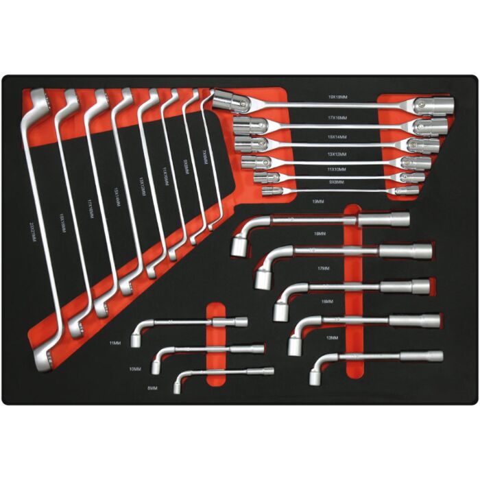 Tool drawer insert 2. Double knee joint, ring and pipe wrenches set - 22 pieces