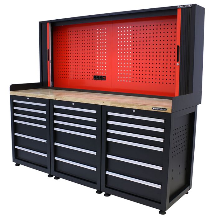 Kraftmeister Pro workbench with tool panel 18 drawers oak 200 cm black