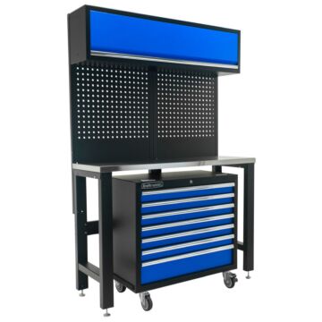 Kraftmeister Standard workbench with wall cabinet and roller cabinet stainless steel 136 cm blue