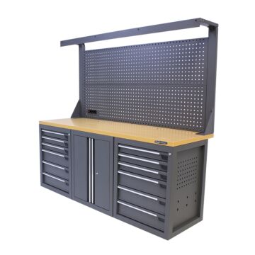 Kraftmeister Pro workbench with tool panel 12 drawers 2 doors MDF 200 cm grey