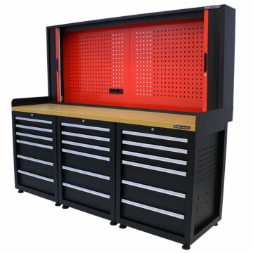 Kraftmeister Pro workbench with tool panel 18 drawers MDF 200 cm black